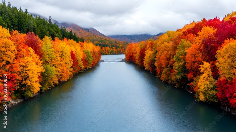 Poster Stunning scenic view of a river flowing through a colorful autumn landscape with trees on both sides displaying vibrant fall foliage in a serene and peaceful setting