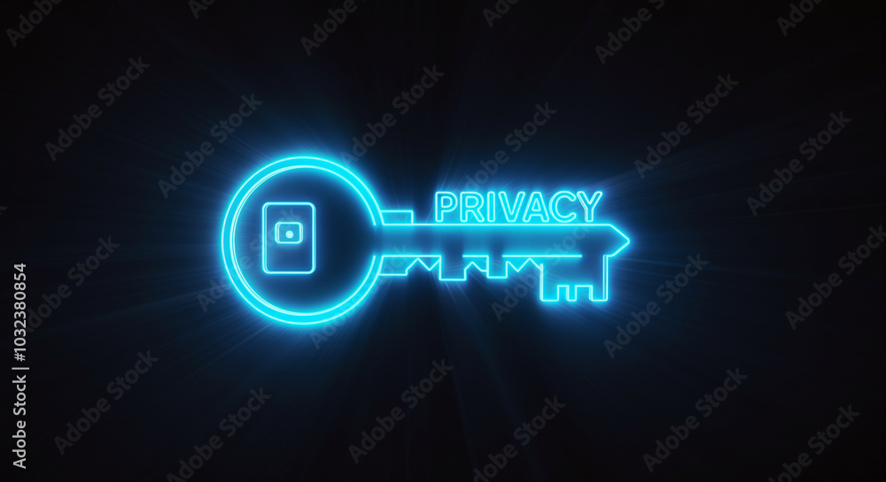 Poster key with privacy message illuminated in neon style