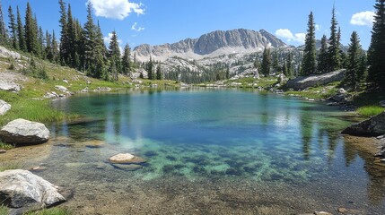 Fototapeta na wymiar A crystal clear mountain lake with a stunning view of the mountains in the background. The water is so clear you can see the bottom. There are large rocks on the shore.