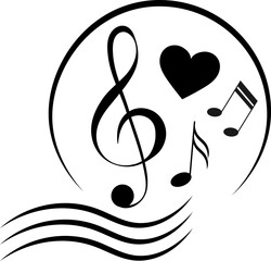 Music design. Treble clef, musical notes and heart in a circle. For concert, music, stickers, t-shirts.