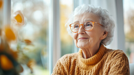 A smiling elderly woman with curly gray hair and glasses sits by window, enjoying warm autumn day. Her cozy sweater complements serene atmosphere