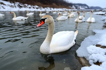 Fototapeta premium A flock of swans swimming in an ice-cold river, with snow covering the banks