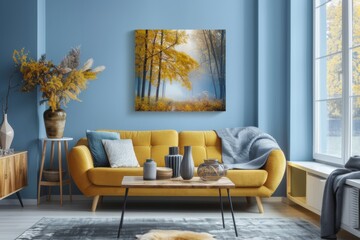Fototapeta premium Vibrant yellow sofa and chair near teal wall with poster frame. Scandinavian interior design of modern living room.