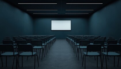 Empty meeting room with chairs and screen.