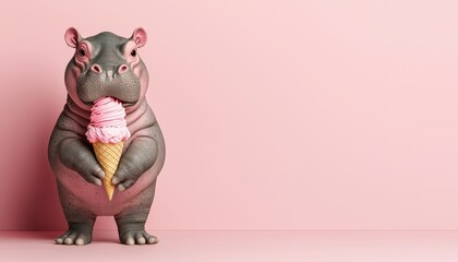Cute hippo holding ice cream cone.