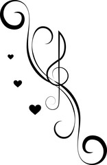 Music design. Vertical swirls, heart and treble clef. For concert, music, stickers, t-shirts.