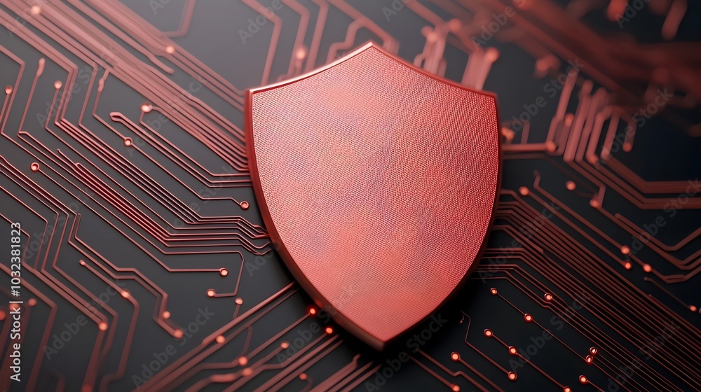 Poster Sleek and streamlined cybersecurity shield icon with futuristic glowing digital data streams intricate circuit board patterns