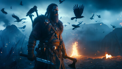 viking in the battlefield surrounded by crows