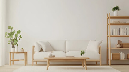 A modern living room featuring light colored sofa, wooden furniture, and indoor plants creates serene and inviting atmosphere. minimalist design emphasizes comfort and simplicity