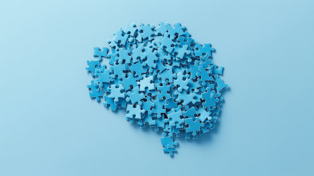 puzzle pieces arranged in the shape of human brain against a plain blue background, concept of brain storming critical thinking mental health 