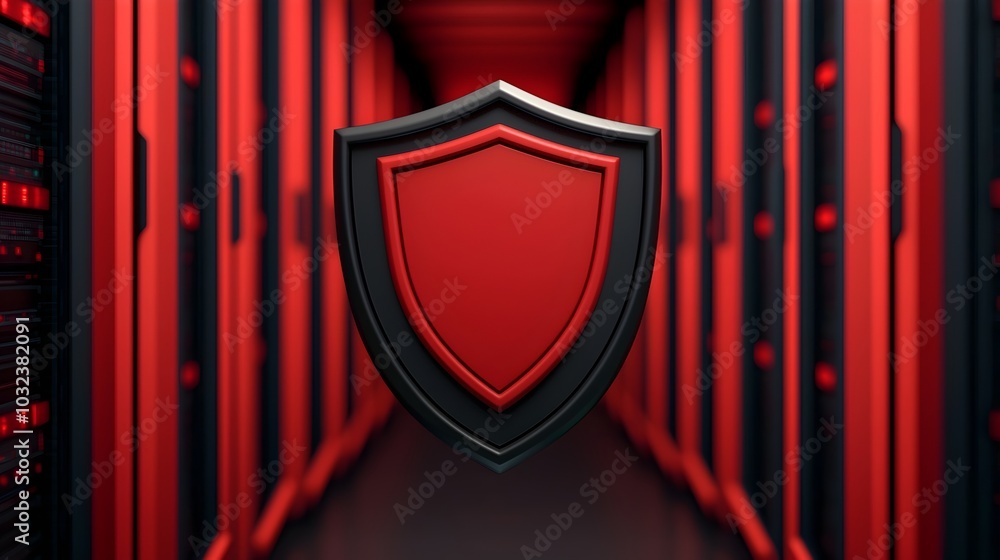 Fototapete Futuristic digital landscape featuring complex coding algorithms data servers and a glowing shield icon symbolizing data protection  The scene is surrounded by luminous digital elements