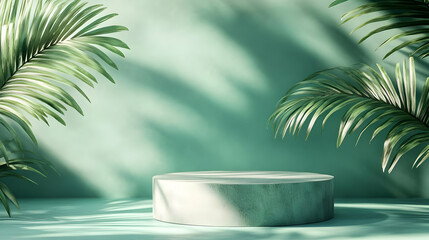 Fototapeta premium Round Green Podium with Palm Leaves for Product Display.