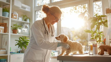 A veterinarian in white coat smiles while examining small puppy in bright clinic filled with plants and natural light. warm atmosphere conveys care and compassion for animals