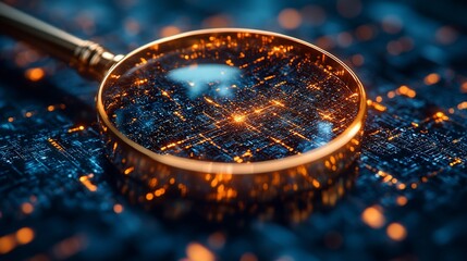 A magnifying glass focuses on a glowing circuit board, representing the search for knowledge and understanding in the digital world.