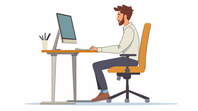 Focused Man Working on Computer at Desk in Office Setting
