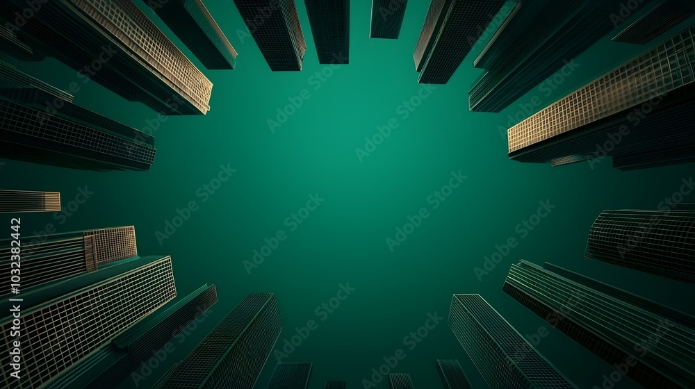 Poster Futuristic cityscape with towering skyscrapers luminous data streams and encrypted communication relays in a retro futuristic architectural style  The image showcases a modern