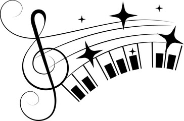 Music design. Treble clef, swirls, stars and piano keys. For concert, music, stickers, t-shirts.