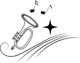 Music design. Musical trumpet, notes and stars. For concert, music, stickers, t-shirts.