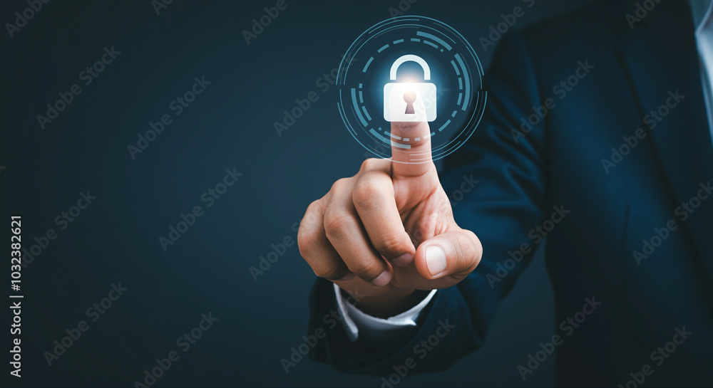Poster hand interacting with digital lock icon in a technological security context showcasing modern techno