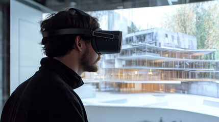 A designer using virtual reality headsets to create and visualize architectural designs, immersed in an innovative digital workspace