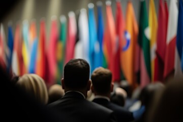 Rear view of audience, UN general assembly hall, raised flags in the background, international diversity concept.