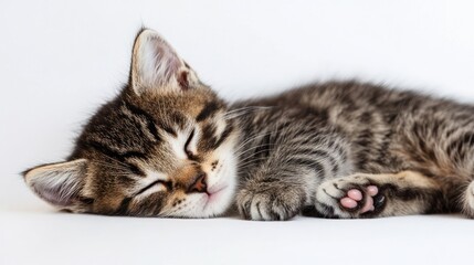 A sleeping kitten resting peacefully on a soft surface.