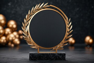 Elegant award trophy with a golden laurel design on a black surface, suitable for recognition and achievement.