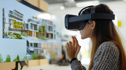 A designer using virtual reality headsets to create and visualize architectural designs, immersed in an innovative digital workspace