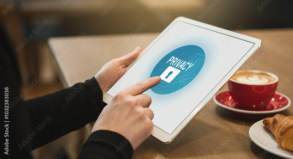 Poster tablet displaying privacy settings with hand gesture in modern cafe