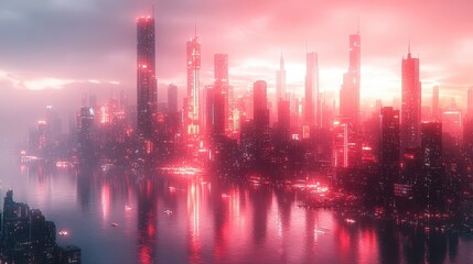 Fototapeta premium city and river views with skyscrapers at sunset in pink hues