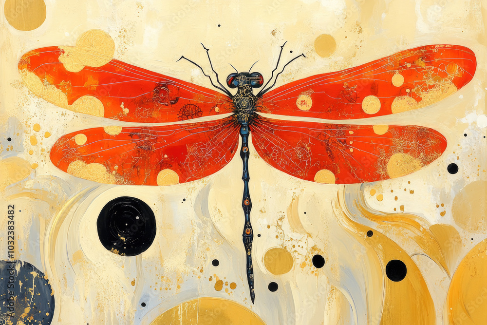 Poster a vividly colored dragonfly with intricate patterns contrasts against a golden abstract background f