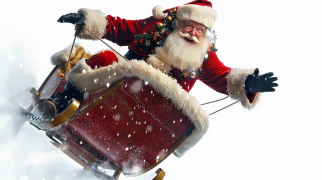 Santa Claus in mid-flight flying with his sleigh isolated on a crisp white background