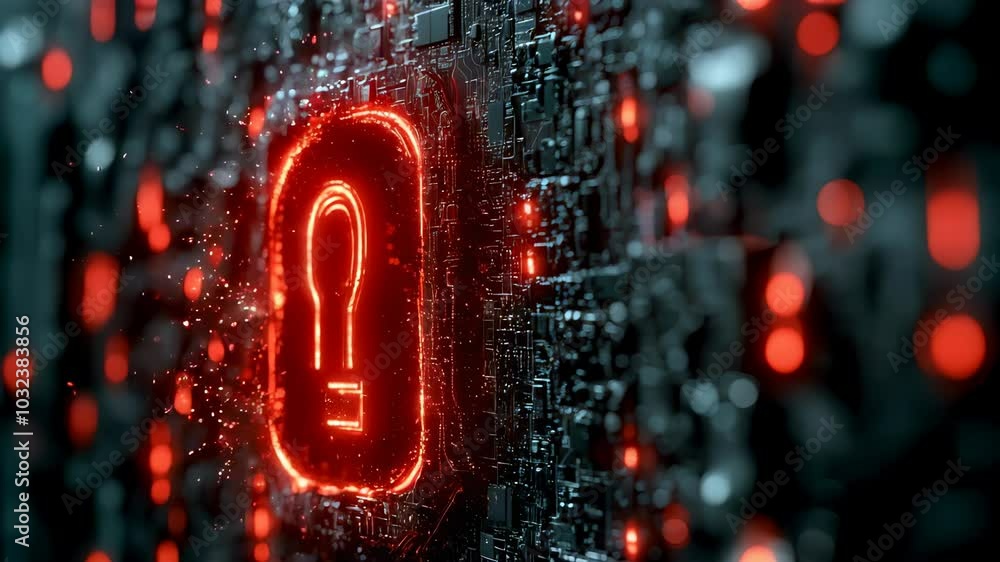 Poster futuristic neon design glowing red question mark on abstract circuit technology background, evoking 