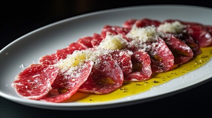 Obraz premium Beef Carpaccio on a white plate, illuminated by studio lighting to highlight the thin slices of raw beef topped with olive oil and parmesan