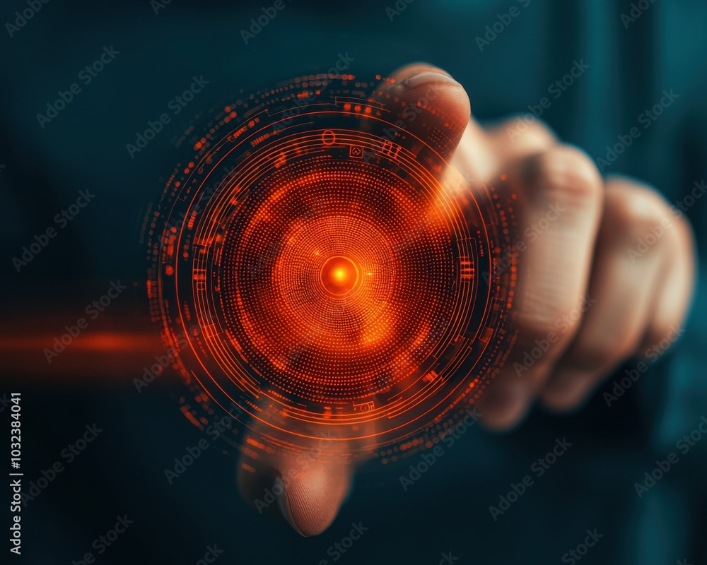 Poster hand touching digital interface with glowing symbols
