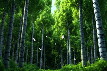 Obraz premium Birch forest rendered in pixel art, with animated birds hopping between branches