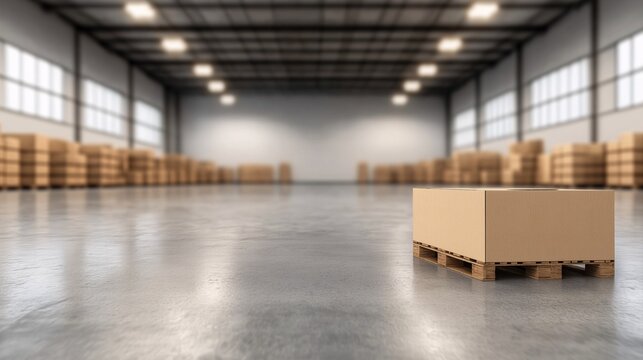 Warehouse Inventory: A single cardboard box on a pallet in a vast, well-lit warehouse.  The image conveys efficiency, organization, and the scale of modern logistics.