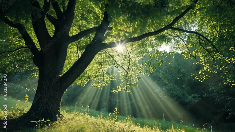 Poster sunlight streams through the branches of a large tree in a forest clearing