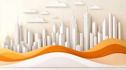 Obraz premium A stylized city skyline with abstract white buildings and warm orange waves against a light background, creating a modern and minimalistic aesthetic.