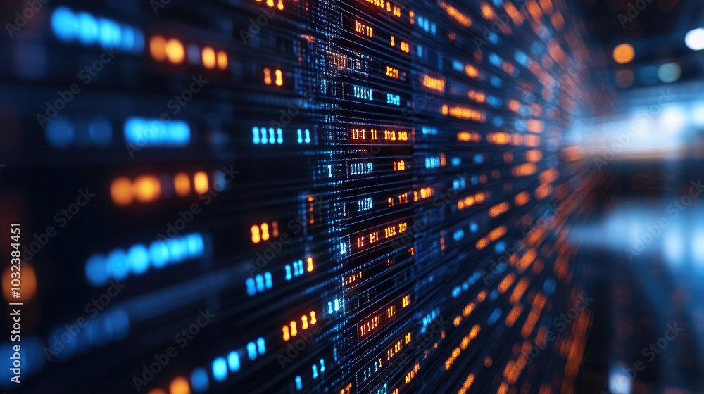 Poster bright data streams fill a server room, showcasing the vibrant interaction of technology and digital