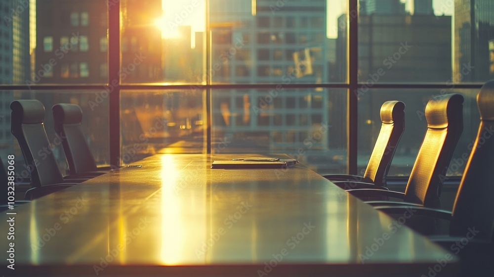 Poster an empty conference table with chairs in a modern office building with a cityscape view. the sun is 