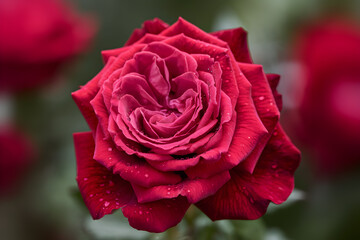 Dew covered red rose blooms fully, intricate petal layers shine against blurred background
