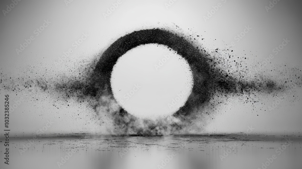 Poster abstract design featuring a circular shape made of particles dispersing outward, creating a dynamic 