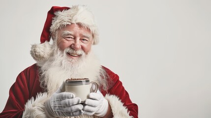 Santa Claus with a cheerful expression holding a cup of hot cocoa isolated on a clean white backdrop