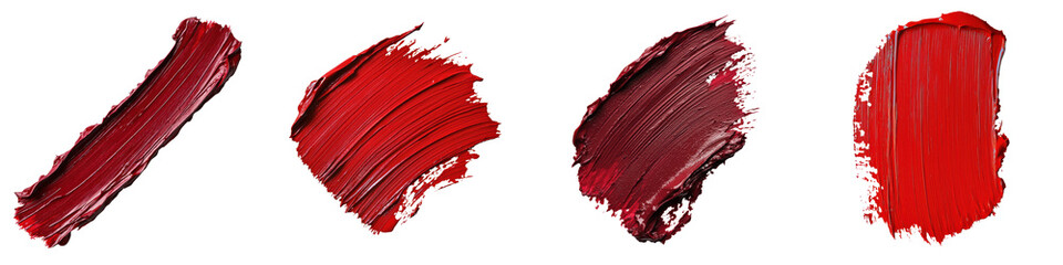 A vibrant display of red lipstick swatches showcasing different textures and finishes against a transparent background.