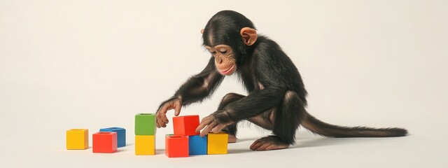 Obraz premium A young chimpanzee plays with colorful building blocks on a white background.