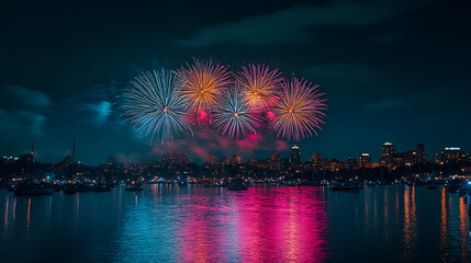 A vibrant fireworks display lighting up the night sky over a bustling city skyline, with colorful bursts reflecting in the water below 
