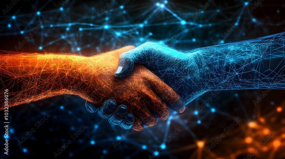 Poster digital hands shaking in futuristic network setting