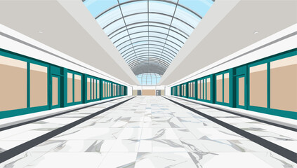 A large shopping mall, outlet with glass ceiling and marble floor. The mall is brightly lit and has a modern design. Vector illustration.	