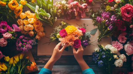 A flower-themed art experience where participants create intricate flower arrangements, surrounded by vibrant blooms in a studio setting